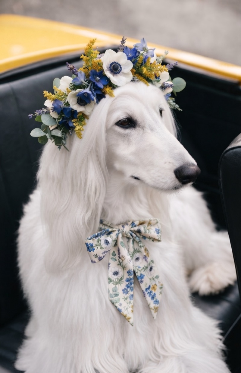 Lebrel afgano blanco con corona de flores y lazo estampado sentado en un coche