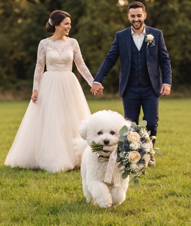 Bichón con el ramo de novia en la boca caminando junto a los novios por el césped