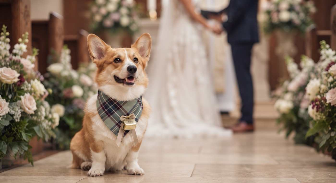 Corgi con bandana de cuadros esperando en el pasillo de flores mientras los novios se dan la mano