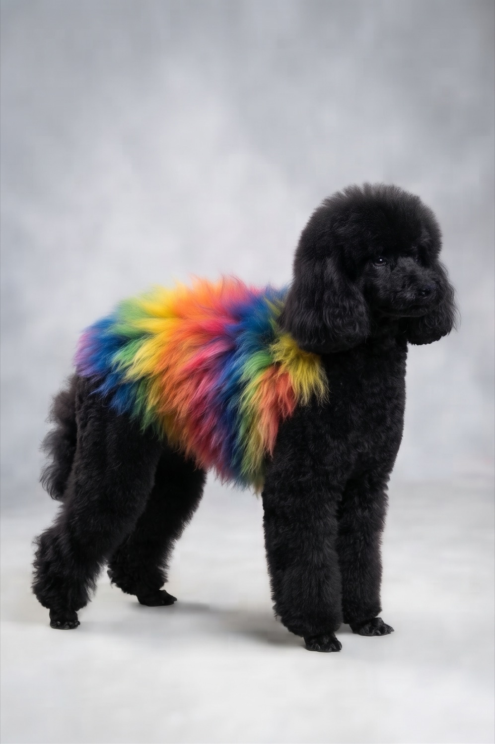 Caniche negro con corte de raza y el lomo teñido en colores arcoíris, peluquería canina creativa en Alicante