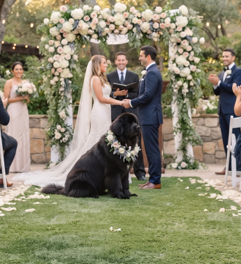 Terranova con collar de flores sentado junto a los novios en el altar durante la ceremonia