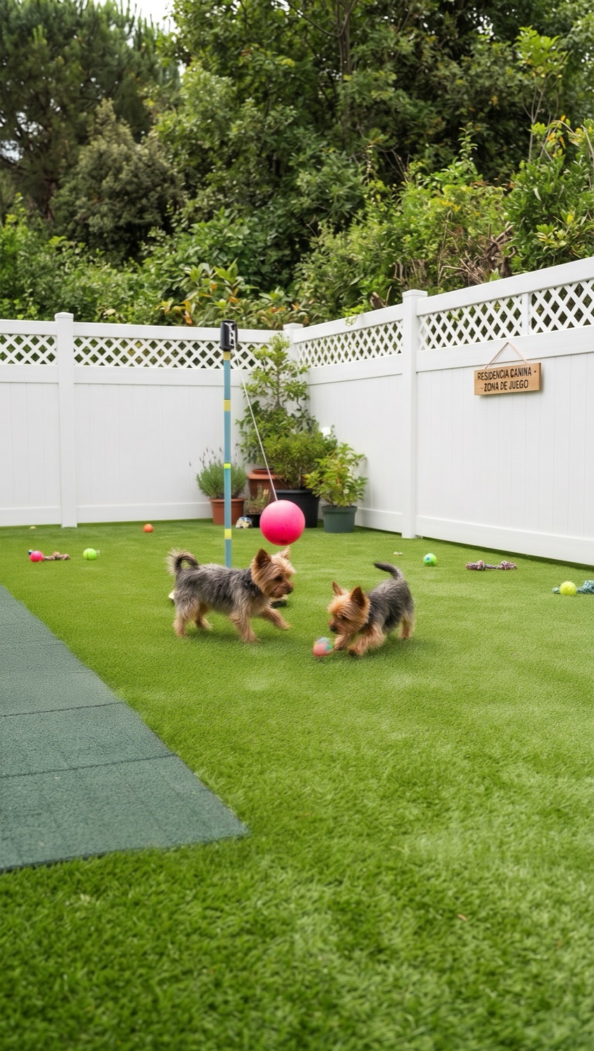 Dos yorkshire jugando con una pelota en el jardín de césped de la residencia canina