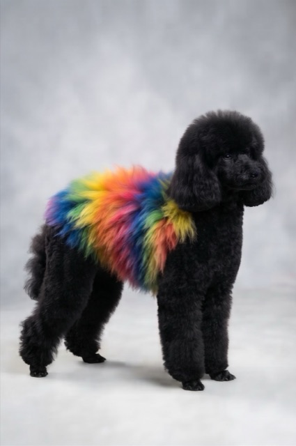 Caniche negro con estilismo creativo de colores