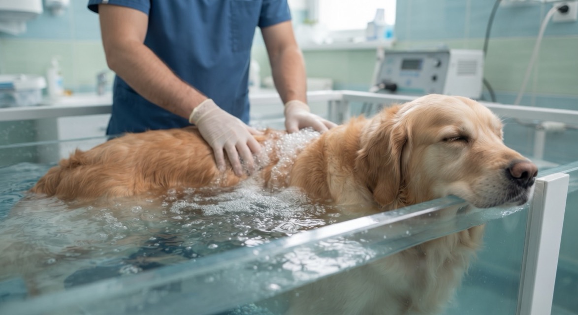 Golden retriever relajado en un baño de ozonoterapia