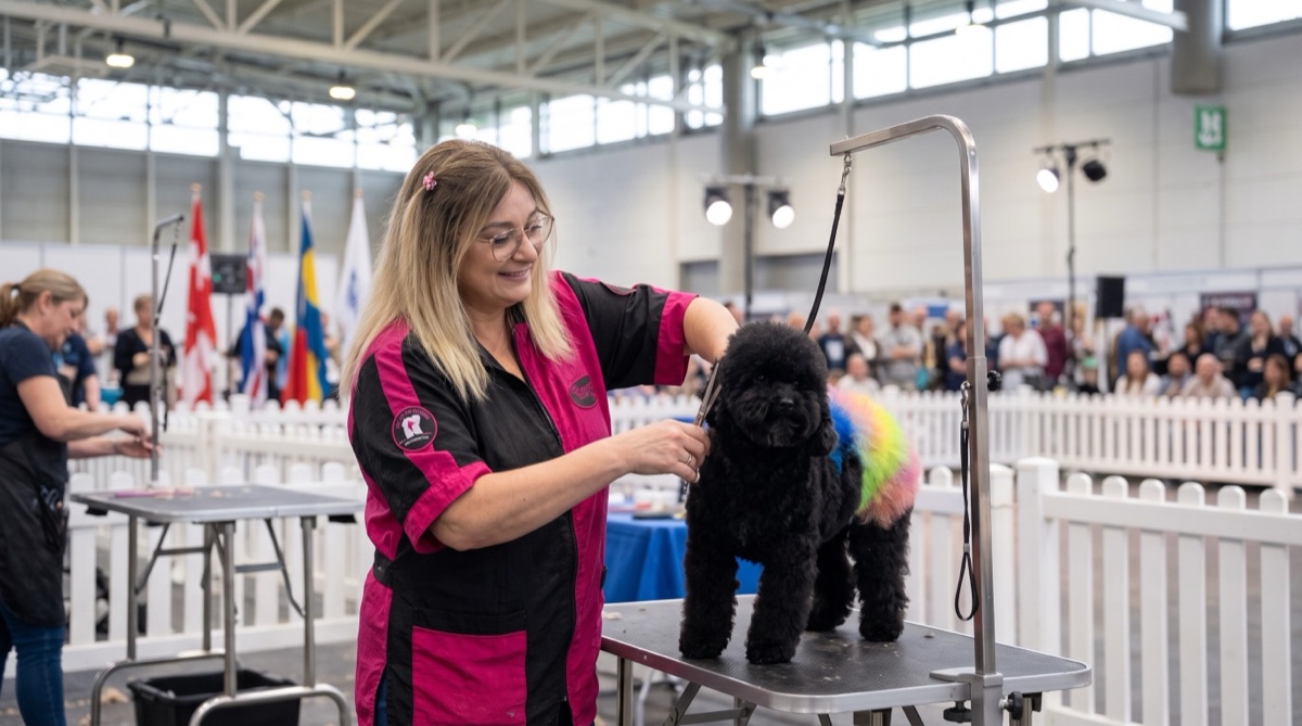 Yolanda García arreglando a un caniche negro en un concurso internacional de peluquería canina